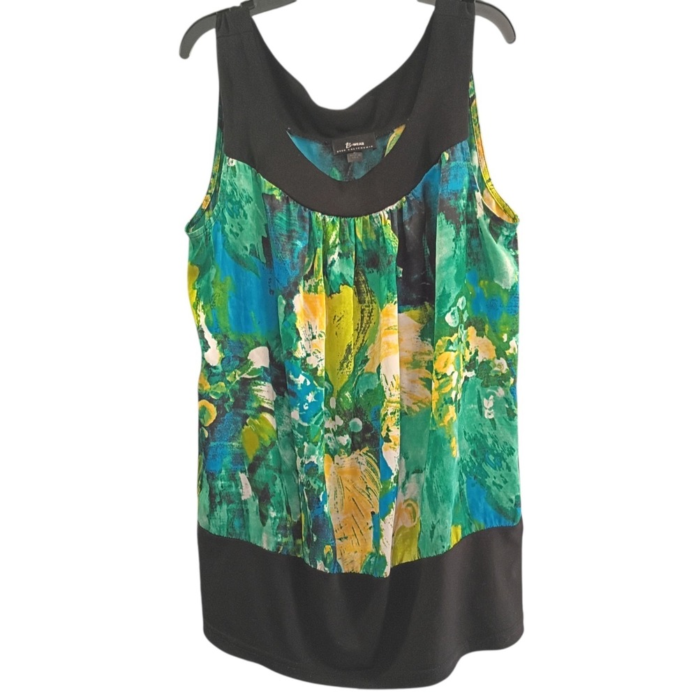 B Wear Byer California Sleeveless Top Womens XL Teal Abstract‎ Satin Blouse EUC